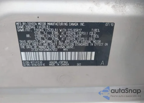 2010 Toyota Rav4 z USA, uszkodzony, nr VIN 2T3ZF4DV3AW047653
